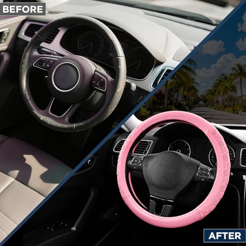 PIC AUTO Massage Steering Wheel Cover, Pink Football Pattern Material Spliced & Pink Leather Car Steering Wheel Cover, Car Steering Cover, Universal Fit 14.5"-15.5" for Cars, Trucks, Van, SUVs - color: Pink