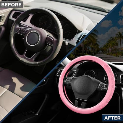 PIC AUTO Massage Steering Wheel Cover, Pink Football Pattern Material Spliced & Pink Leather Car Steering Wheel Cover, Car Steering Cover, Universal Fit 14.5"-15.5" for Cars, Trucks, Van, SUVs - color: Pink