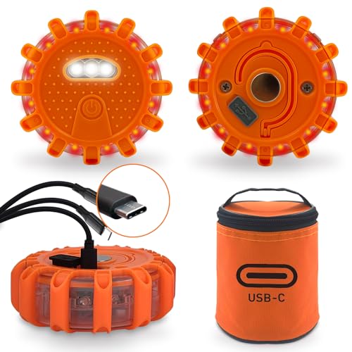 Ecoangel USB-C Rechargeable LED Road Flares Emergency Lights-Large Capacity (Lithium Battery) 3 in 1 Cable Roadside Warning Car Safety Beacon Flashing Disc Kit with Magnetic Base for Vehicles - color: USB-C 3PACK