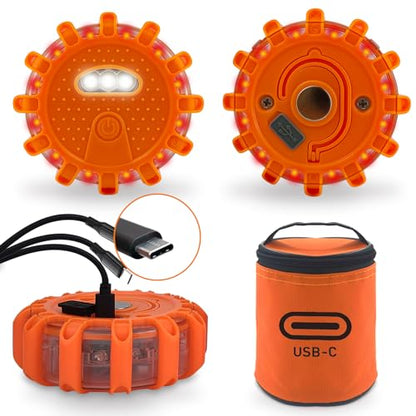 Ecoangel USB-C Rechargeable LED Road Flares Emergency Lights-Large Capacity (Lithium Battery) 3 in 1 Cable Roadside Warning Car Safety Beacon Flashing Disc Kit with Magnetic Base for Vehicles - color: USB-C 3PACK
