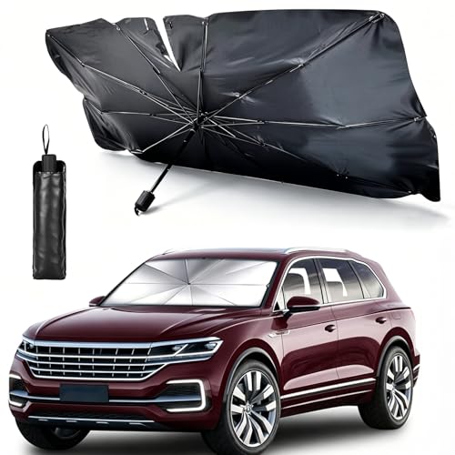 Windshield Sun Shade Umbrella, Foldable Car Sunshade, Ice Crystal Cooling Coating Car Sunshade & Heat Shield, UPF 50+ UV Protection, Spring-Enhanced Frame for Most Sedans SUVs (55"x31")