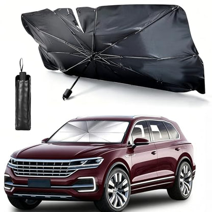 Windshield Sun Shade Umbrella, Foldable Car Sunshade, Ice Crystal Cooling Coating Car Sunshade & Heat Shield, UPF 50+ UV Protection, Spring-Enhanced Frame for Most Sedans SUVs (55"x31")