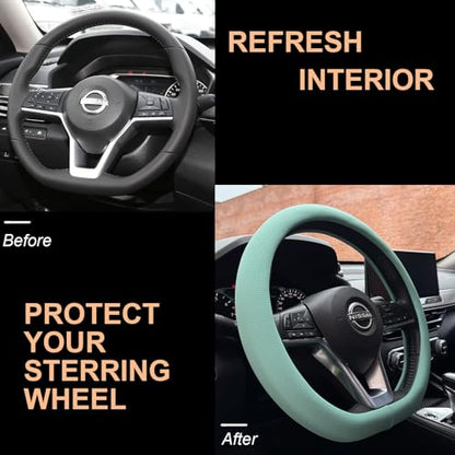 PINCTROT D Shaped Nappa Leather Steering Wheel Cover, Slim Fit No Bulk Design, One Piece Leather with Breathable Perforation, Fit Like Gloves, Flat Bottom 14.5-15 Inch(Nappa Mint) - color: 09.Mint, size: D Shaped/Flat Bottom[14 1/2''-15'']