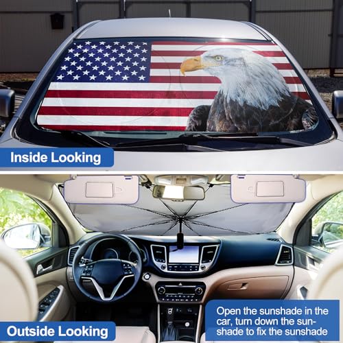Riakrum Patriotic Eagle American Flag Car Windshield Sun Shade Umbrella Foldable UV Ray Windshield Sun Shade Car Front Window Sunshade Keep Vehicle Cool Heat Reflector, Fit Various Size