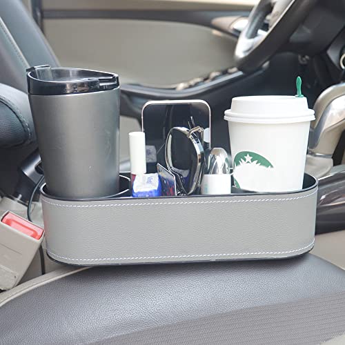 Car Cup Holder Expander Organizer,Multifunctional Cup Drink Holders with PU Leather Cover,Side Insert Center Console Seat Gap Filler Storage Box for Mug Bottle CellPhones Coffee Coasters Cards - color: Thin Grey