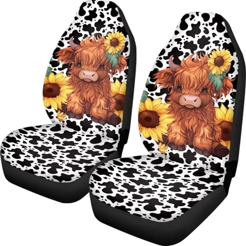 Cute Sunflower Highland Cow Front Seat Covers for Cars Bucket Seat Covers Black Cow Spots Decorative Automotive Seat Cushion Protectors Covers Automotive Accessories Interior Decoration - color: Cute Sunflower Highland Cow Black Cow Spots