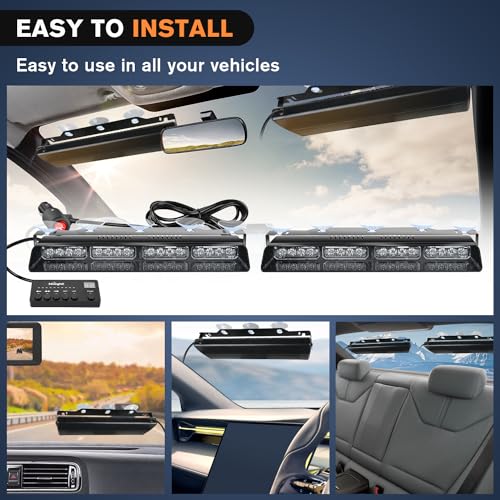 Nilight 32LED Blue Emergency Dash Strobe Lights with Controller Suction Cups Warning Hazard Interior Front/Rear Windshield Deck Split Light Bar for Trucks Construction Vehicles - color: Blue