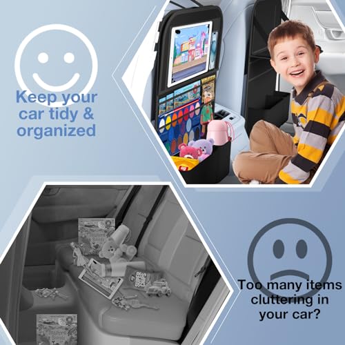Car Backseat Organizer with Table Tray(2-Pack) 9 Storage Pockets Backseat Car Organizer and storage with Tablet Holder, Kick Mats Back Seat Cover for Kids family Road Trip Essentials Travel - style: 2 Pack with Food Tray-Black