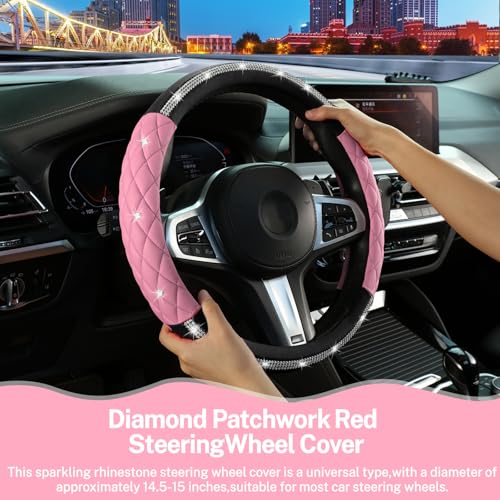 Steering Wheel Cover，with Diamond Crystal Rhinestone,Delicate and Anti-Slip Bling Steering Wheel Cover ，Adaptable to 14.5-15 inches Car Wheel Protector for Women Girl ，Black & Pink - color: Black+Pink