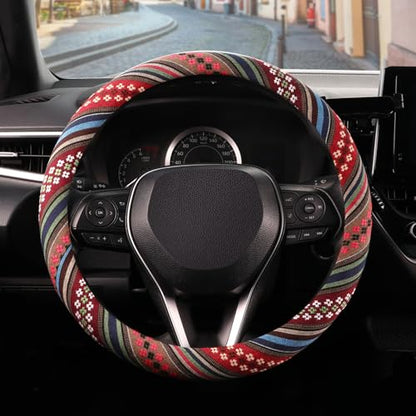SEG Direct Boho Steering Wheel Cover with Baja Blanket Cloth, Ethnic Style Auto Wheel Cover Made of Coarse Flax, Fits 14 1/2-15 1/4 inches Car Wheel - color: Spring Flowers