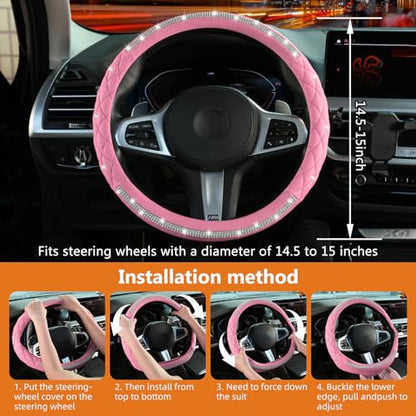 Diamond Steering Wheel Cover，14.5-15 Inch Car Steering Wheel Cover with Bling Crystal Rhinestone，Delicate and Anti-Slip Sparkly Car Wheel Protector for Women Girl，Pink - color: Pink