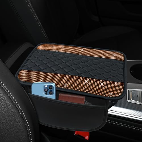 Bling Leather Car Center Console Cover, 12.2"×7.48" Crystal Rhinestone Automotive Arm Rest Cover with Side Pockets, Universal Vehicle Armrest Protector, Interior Car Accessories (Champagne) - color: Champagne