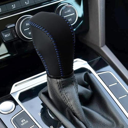 Leather Gear Shift Knob Cover Compatible with Volkswagen Atlas丨 Beetle丨 Golf丨 Passat丨 Jetta 丨 Tiguan 2011-2021 Black Leather with Blue Stitches Shifter Knob Cover - Black&Blue - color: Blue&Black