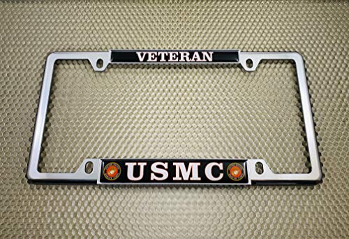 [Officially Licensed US Marine Corps Product] - USMC Veteran - Domed Custom-Made Personalized Narrow (Thin) Top 4 Hole Metal Car License Plate Frame with Free caps - Chrome Frame (Qty: 1) - color: Chrome - Style 1
