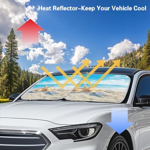 2 Piece Sun Shade for Car Windshield Sunshade Shells Starfish Print, UV Ray & Heat Block Keep Vehicle Cooler, 28.5" x 25.5" - color: Starfish Sky Blue