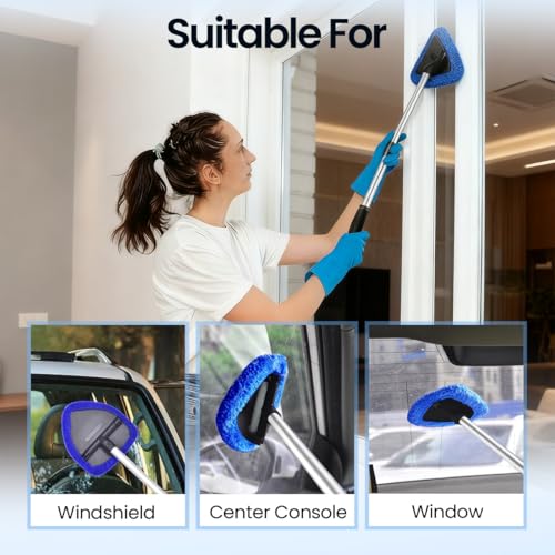 Longer Extendable Windshield Cleaning Tool,Car Window Cleaner Windshield Cleaner and Washable Microfiber Pads with 4 Reusable and 2 pcs Spray Bottles for Car and Home Window (Green) - color: Green