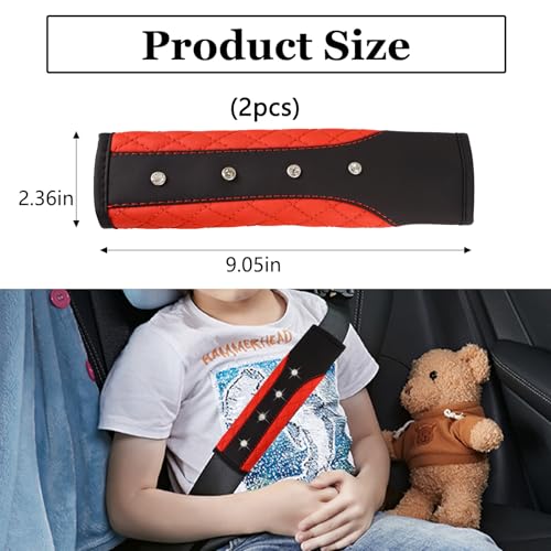 Hovom 2PCS Bling Car Seat Belt Cover Pad, Leather Seatbelt Covers for Cars, Soft Safety Seatbelt Shoulder Strap Covers, Rhinestone Auto Seat Belt Protector Cushion for Women Girls (Red) - color: Red