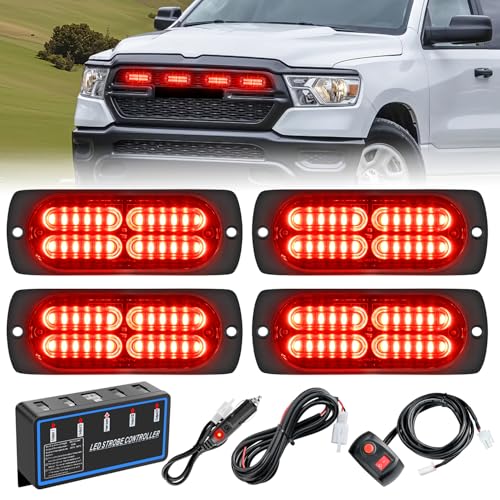 Nilight 4PCS LED Strobe lights 12V 24V Sync Feature Red 24LED Emergency Hazard Warning Lights with Controller Hard Wire or Cigarette Lighter Plug for Car Truck RVs Campers - color: Red w/Controller