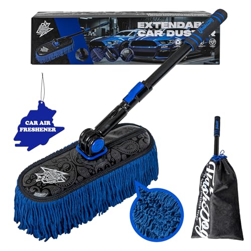Flash Dog Car Duster Exterior - Wax Treated Cotton & Extendable Aluminum Alloy Handle Scratch Free Cleaning Brush for Cars, Trucks, SUVs, RVs, Motorcycles | Waterless Dust & Pollen Remover - color: Blue