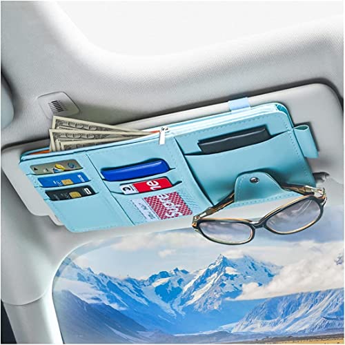 XINLIYA Car Sun Visor Organizer, Leather Storage Pocket Sun Visor Pouch with Zipper for Cards License Registration Pen Glasses Document, Fits Most Car SUV, Auto Interior Accessories (Blue) - color: Blue