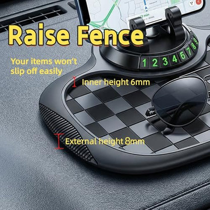 Multifunction Car Anti-Slip Mat, with Phone Holder, Temporary Parking Number and Large Pad, Rotatable 360° Anti-Skid Car Dashboard Pad for Phone, Sunglasses, Keys (Gray)