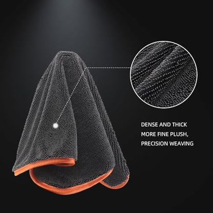 SPTA Microfiber Car Drying Towels, Cleaning Cloth Towels, Twist Pile Rapid Drying Orange Edge Car Microfiber Towels for Car Detailing, Pack of 3, 16.5 x 16.5 Inch, 600 GSM, Gray-MT040