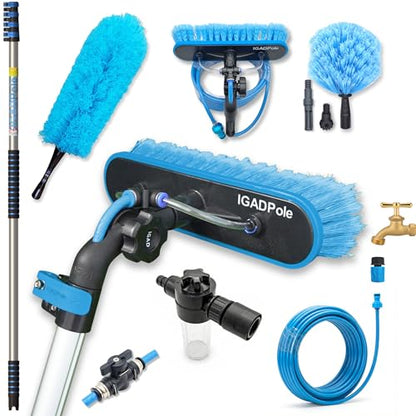 IGADPole 17 FT Water-Fed Cleaning Kit – Extendable Telescopic Pole with Soap-Dispenser, Brush & Cobweb Duster, Adjustable 5-17 FT Handle for Safe High Window, Gutter, Solar Panel & Exterior Cleaning - size: 17 ft Pole