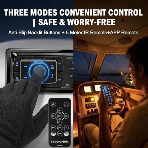 STUDIOFINIX Single Din Bluetooth 5.1 Marine Car Stereo Receiver, 240W Audio Head Unit with IR & APP Control, FM/AM Radio, Built-in Mic & EQ, USB/SD/AUX/MP3 for 12V Car Truck RV ATV UTV Boat (Black)