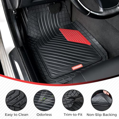 Coverado Heavy-Duty PVC Car Floor Mats Full Set – Red Metallic Heel Pad, All-Weather Protection for Front & Rear, Non-Slip Backing, Easy-to-Clean Liners, 4 Pcs - color: Red