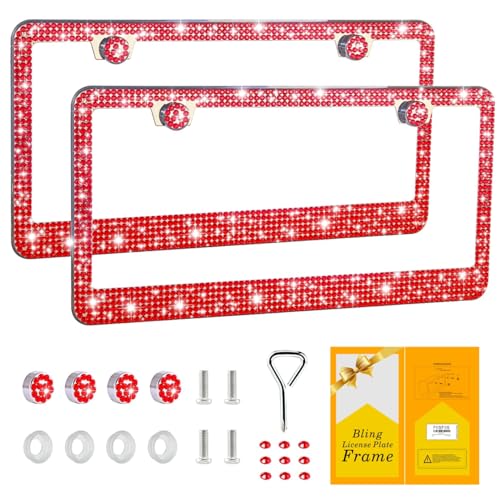 FIISFIIS Bling License Plate Frame for Women,2 Pack Premium Stainless Steel Rhinestone License Plate Holder,Handmade Glitter Crystal Diamond Lincense Plate Cover for Girl,Bedazzled Sparkly Caps-Red - color: Red