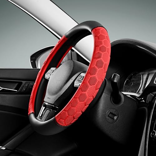 PIC AUTO Massage Steering Wheel Cover, Red Football Pattern Material Spliced Leather Car Steering Wheel Protector, Car Interior Accessories, Universal Fit 14.5"-15.5" for Cars, Trucks, Van, SUV - color: Red