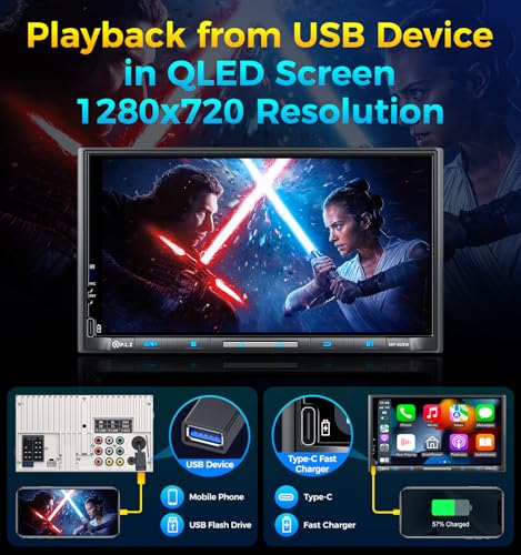 PLZ 7" Wireless Double Din Car Stereo Apple Carplay Radio QLED Screen for Car, Android Auto, Bluetooth 5.3, Fast Charger, 1080P Backup Camera, 4.2 Channel Outputs 240W, 2 Subwoofer - size: 7"