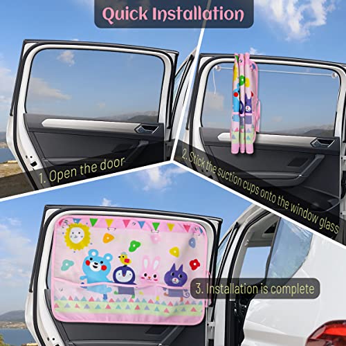 DIZA100 Car Sun Shade for Window Baby (2 Pack), Blackout Window Shades with Storage Net Pocket, 7 Suction Cups, Cute Patterns for Sun/Heat/UV Rays Block - color: Pink-Animals 2PC