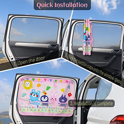 DIZA100 Car Sun Shade for Window Baby (2 Pack), Blackout Window Shades with Storage Net Pocket, 7 Suction Cups, Cute Patterns for Sun/Heat/UV Rays Block - color: Pink-Animals 2PC