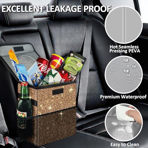 Cute Mini Car Trash Bag with Lid, Glitter Garbage Can Bin Hanging for Back/Front Seat/Console, Waterproof, Leakproof, 2.5 Gallon, Brown Bling Sparkly - color: Brown Bling Sparkly
