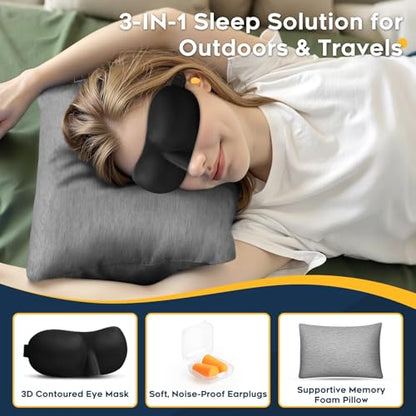 CushyOasis All-in-1 Camping Pillow Set - Shredded Memory Foam Neck Pillow Travel Pillow with Eye Mask, Earplugs, Washable Cover, Compact for Backpacking, Camping, Flights, Car Travel (Small Size) - size: Small
