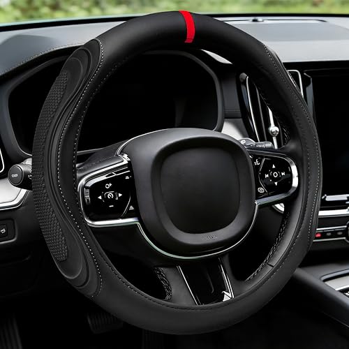 XCBYT Steering Wheel Cover - Black Leather Steering Wheel Wrap Great Grip with 3D Honeycomb Quick and Effortless Installation Non-Slip Silicone Inner Ring for Women Man Universal Fit 14.5-15 Inch - color: rgj-black