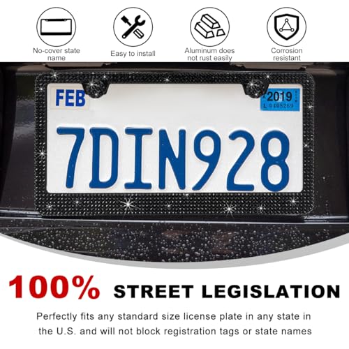 DXNQ Bling License Plate Frame, Sparkly Rhinestone Diamond License Plate Cover with Crystal Screws Caps, Glitter Crystal Stainless Steel License Plate Holder for Women, Car Accessories (Black,2PCS) - color: Black,2PCS
