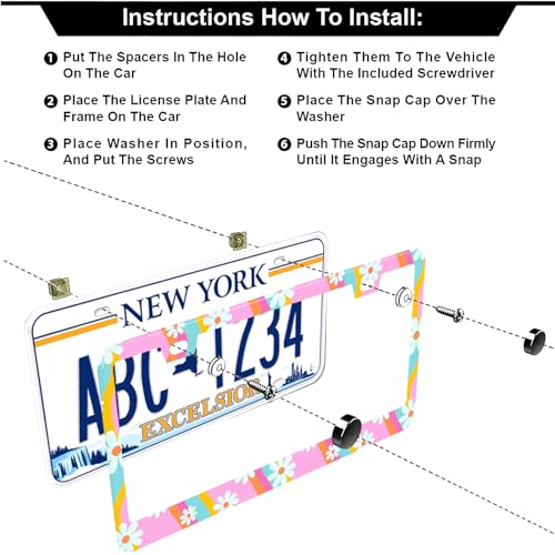 Summer Daisy Flowers Waves License Plate Frames, 2 Pack Summer Daisy Car Plate Frame, Stainless Steel License Plate Holders Covers with Free Screws Fasteners Caps (Summer Daisy Waves) - color: Summer Daisy Waves