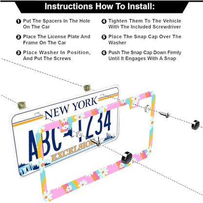 Summer Daisy Flowers Waves License Plate Frames, 2 Pack Summer Daisy Car Plate Frame, Stainless Steel License Plate Holders Covers with Free Screws Fasteners Caps (Summer Daisy Waves) - color: Summer Daisy Waves