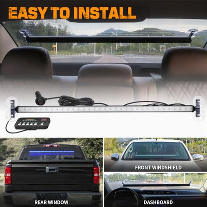 XRIDONSEN 35 inch Traffic Advisor Light Bar 144 LED Blue Emergency Lights Warning Flashing Safety Interior Windshield strobe Lights w/Controller for Police Firefighter Ambulance Vehicles Trucks Car - color: Blue