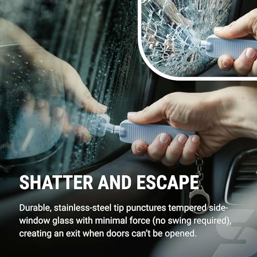 Sabre Safe Escape™ 3-in-1 Car Escape Tool for Car Safety with Spring-Loaded Window Breaker, No Swing Required, Seat Belt Cutter, LED Flashlight, Compact Auto Safety Tool for Emergencies - color: Chambray Blue