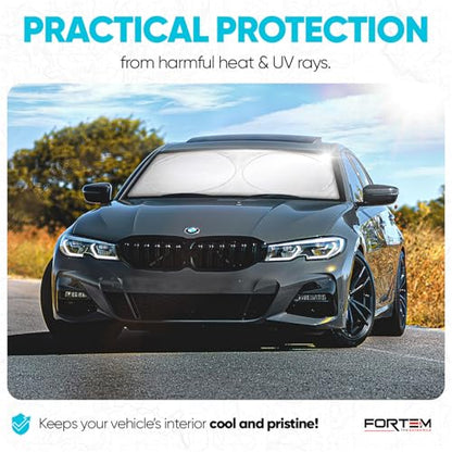 FORTEM Car Sun Shade for Windshield, Reflective Windshield Sunshade, 240T Polyester, Automotive Interior Sun Protection, Ultimate Heat and UV Shield, Foldable, Storage Bag - size: Medium (62" x 30")