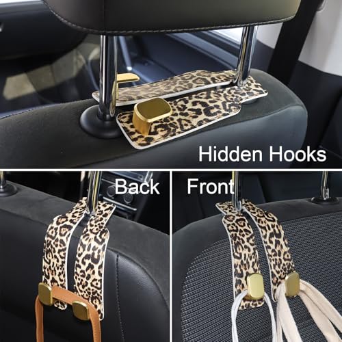 Purse and Bag Hook for Car, Zinc Alloy Seat Headrest Hooks, Upgraded Leather Car Seat Back Purses Hanger and Bags Holder (Leopard, 2Pack) - color: Leopard