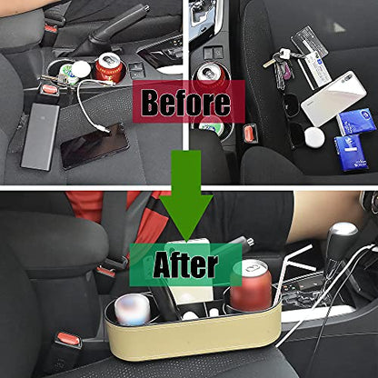 IOKONE Car Cup Holder, Auto Front Seat Organizer, Multifunctional Cup Drink Holders with PU Leather Cover, Gap Filler Storage Box Coin Bucket Console Side Pocket Cell Mobile Phone Holder(Slim-Beige) - color: Slim-Beige
