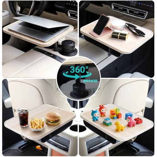 360° Rotating Wood Car Tray & Desk for Laptop - Steering Wheel Cup Holder Table, Car Accessories for Women & Men, Compatible with Tesla Model Y/3/S, Ford F150/Explorer/Maverick & Most Vehicles