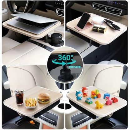360° Rotating Wood Car Tray & Desk for Laptop - Steering Wheel Cup Holder Table, Car Accessories for Women & Men, Compatible with Tesla Model Y/3/S, Ford F150/Explorer/Maverick & Most Vehicles