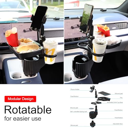 Car Large Cup Holder Expander, 5-in-1 Cupholder Extender with Phone Holder & Swivel and Detachable Snack Food Tray Table for Eating, Travel Essentials for Road Trips for Driver. Model C
