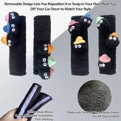 Car Headrest Pillow & Steering Wheel Cover Set with Cute Big-Eyed Black Travel Neck Support Pillow Fur Car Interior Accessory (Safty Belt Cover 2PCS) - color: Black Safty Belt Cover 2pcs