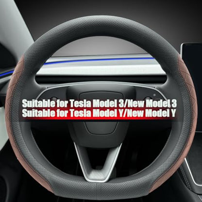 LKWLIKEI Leather Steering Wheel Cover. Elegant Diamond Checkered Design, Non-Slip and Breathable, for Tesla Model 3/Y Steering Wheel Protector,Black Brown - color: Black Brown